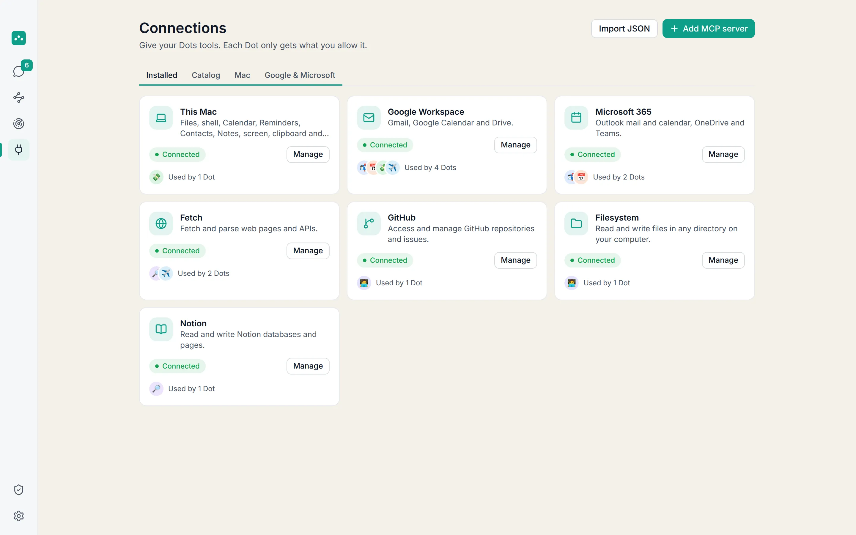 OpenDot connections settings listing Google Workspace, Microsoft 365, Mac and MCP servers