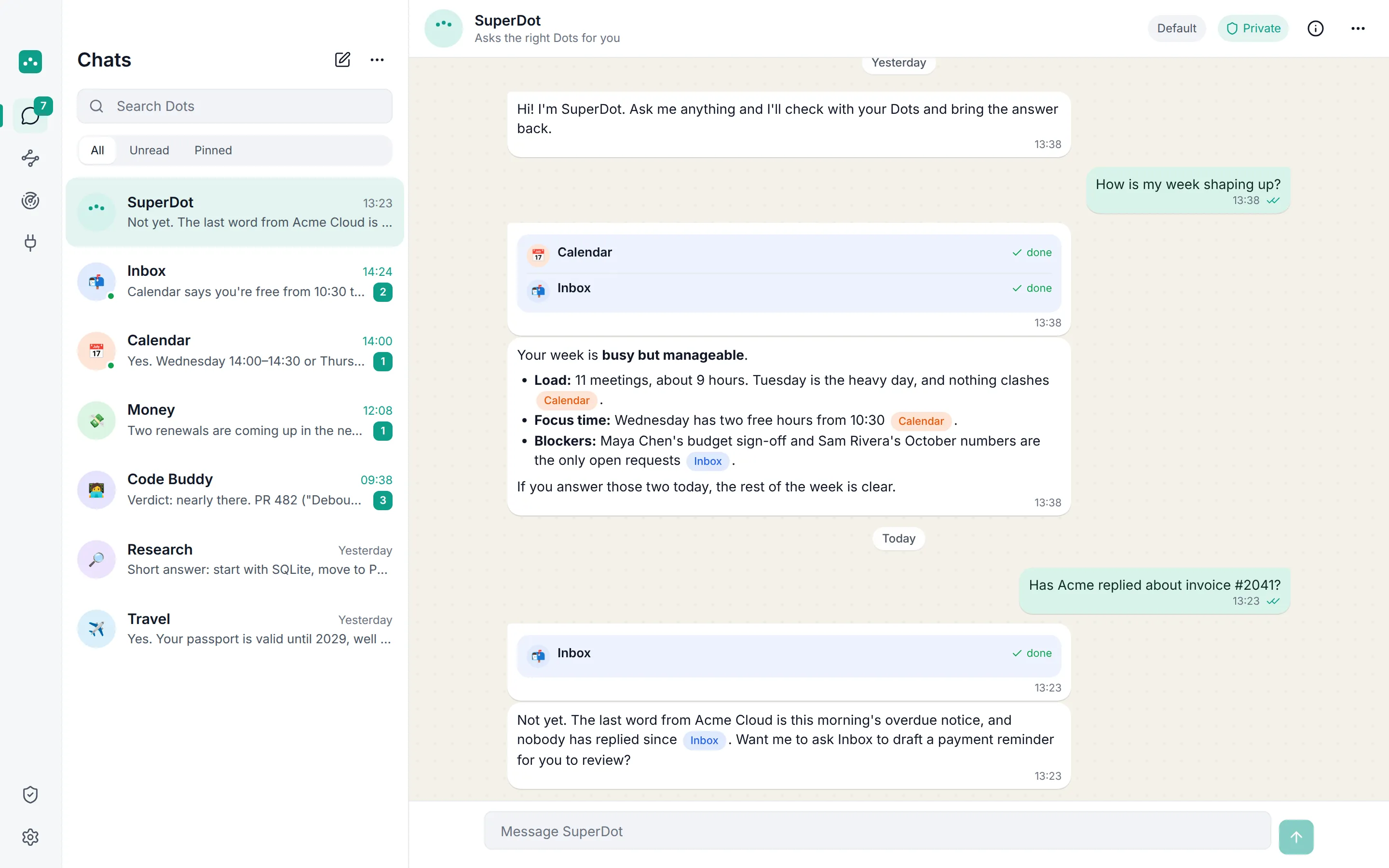 OpenDot on a Mac: the sidebar with a team of Dots